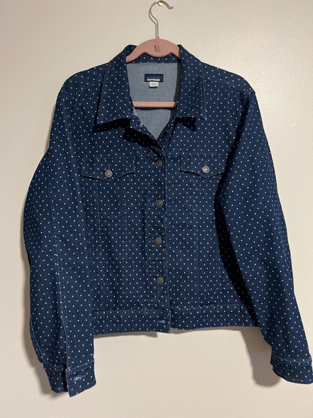 Basic Editions Navy Denim Jacket with White Polka Dots